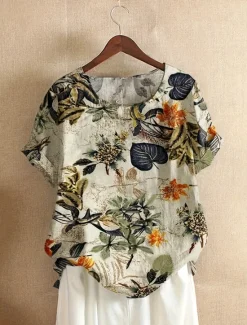 Online Women's Plus Size T Shirt Leaf Flower Daily Casual Short Sleeve Crew Neck Daily Print All Seasons Women T-Shirts|Boho Tops