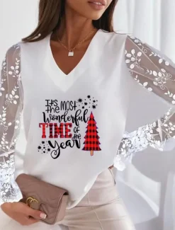 Online Women's Plus Size T Shirt Animal Basic Long Sleeve V Neck Regular Tops Casual Weekend Patchwork Print Silver Pearl White Ivory Wine Fall & Winter Women T-Shirts