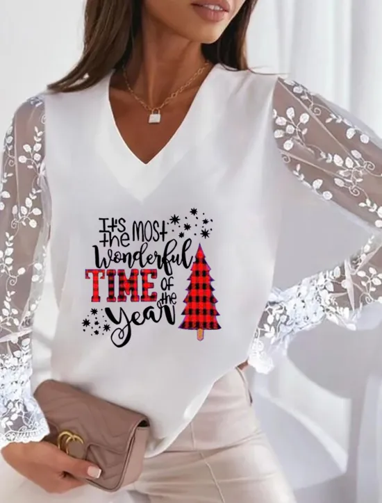 Online Women's Plus Size T Shirt Animal Basic Long Sleeve V Neck Regular Tops Casual Weekend Patchwork Print Silver Pearl White Ivory Wine Fall & Winter Women T-Shirts