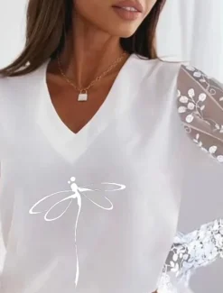 Online Women's Plus Size T Shirt Animal Basic Long Sleeve V Neck Regular Tops Casual Weekend Patchwork Print Silver Pearl White Ivory Wine Fall & Winter Women T-Shirts