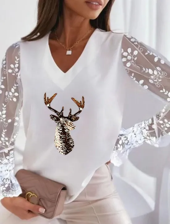 Online Women's Plus Size T Shirt Animal Basic Long Sleeve V Neck Regular Tops Casual Weekend Patchwork Print Silver Pearl White Ivory Wine Fall & Winter Women T-Shirts