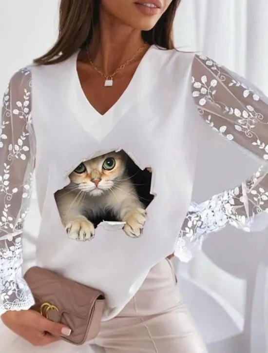 Online Women's Plus Size T Shirt Animal Basic Long Sleeve V Neck Regular Tops Casual Weekend Patchwork Print Silver Pearl White Ivory Wine Fall & Winter Women T-Shirts