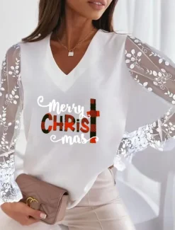 Online Women's Plus Size T Shirt Animal Basic Long Sleeve V Neck Regular Tops Casual Weekend Patchwork Print Silver Pearl White Ivory Wine Fall & Winter Women T-Shirts