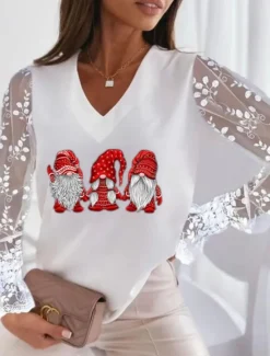 Online Women's Plus Size T Shirt Animal Basic Long Sleeve V Neck Regular Tops Casual Weekend Patchwork Print Silver Pearl White Ivory Wine Fall & Winter Women T-Shirts
