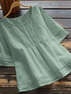 Women's Plus Size Tops Shirt Linen-Inspired Shirts Plain Half Sleeve Crewneck Streetwear Vacation Daily Polyester Spring Fall White Green Women Shirts
