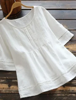 Women's Plus Size Tops Shirt Linen-Inspired Shirts Plain Half Sleeve Crewneck Streetwear Vacation Daily Polyester Spring Fall White Green Women Shirts