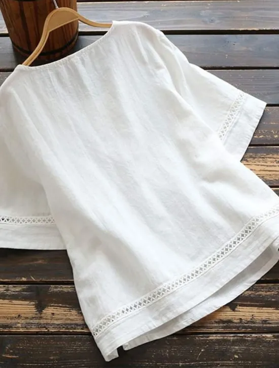 Women's Plus Size Tops Shirt Linen-Inspired Shirts Plain Half Sleeve Crewneck Streetwear Vacation Daily Polyester Spring Fall White Green Women Shirts