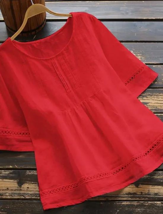 Women's Plus Size Tops Shirt Linen-Inspired Shirts Plain Half Sleeve Crewneck Streetwear Vacation Daily Polyester Spring Fall White Green Women Shirts