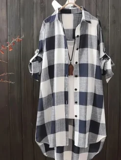 Best Women's Plus Size Tunic Shacket Plaid Daily Long Sleeve Shirt Collar Casual Holiday Buttons Black Pink Blue All Seasons Women Tunic Tops