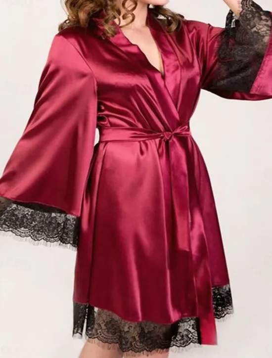 Outlet Women's Plus Size Valentine Dress Pajamas Bathrobe Silk Robe Pure Color Simple Casual Comfort Home Daily Wedding Party Satin Silk Breathable V Wire Long Sleeve Summer Fall Home Outfits Women Pajama-Setter