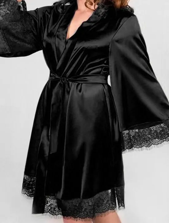 Outlet Women's Plus Size Valentine Dress Pajamas Bathrobe Silk Robe Pure Color Simple Casual Comfort Home Daily Wedding Party Satin Silk Breathable V Wire Long Sleeve Summer Fall Home Outfits Women Pajama-Setter