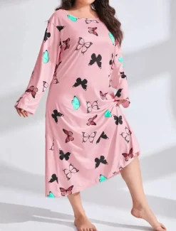New Women's Plus Size Valentine Dress Pajamas Sleepwear Heart Butterfly Fashion Casual Home Bed Comfort Breathable Crew Neck Long Sleeve Spring Home Outfits Women Sleepwear