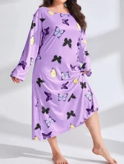 New Women's Plus Size Valentine Dress Pajamas Sleepwear Heart Butterfly Fashion Casual Home Bed Comfort Breathable Crew Neck Long Sleeve Spring Home Outfits Women Sleepwear