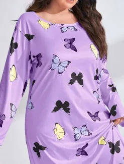 New Women's Plus Size Valentine Dress Pajamas Sleepwear Heart Butterfly Fashion Casual Home Bed Comfort Breathable Crew Neck Long Sleeve Spring Home Outfits Women Sleepwear