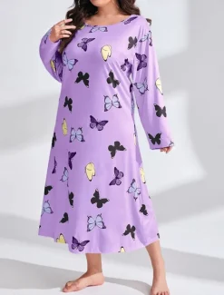 New Women's Plus Size Valentine Dress Pajamas Sleepwear Heart Butterfly Fashion Casual Home Bed Comfort Breathable Crew Neck Long Sleeve Spring Home Outfits Women Sleepwear