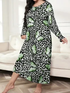 New Women's Plus Size Valentine Dress Pajamas Sleepwear Heart Butterfly Fashion Casual Home Bed Comfort Breathable Crew Neck Long Sleeve Spring Home Outfits Women Sleepwear