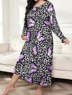 New Women's Plus Size Valentine Dress Pajamas Sleepwear Heart Butterfly Fashion Casual Home Bed Comfort Breathable Crew Neck Long Sleeve Spring Home Outfits Women Sleepwear