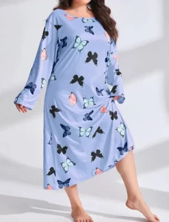 New Women's Plus Size Valentine Dress Pajamas Sleepwear Heart Butterfly Fashion Casual Home Bed Comfort Breathable Crew Neck Long Sleeve Spring Home Outfits Women Sleepwear