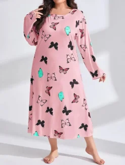 New Women's Plus Size Valentine Dress Pajamas Sleepwear Heart Butterfly Fashion Casual Home Bed Comfort Breathable Crew Neck Long Sleeve Spring Home Outfits Women Sleepwear
