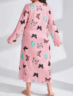 New Women's Plus Size Valentine Dress Pajamas Sleepwear Heart Butterfly Fashion Casual Home Bed Comfort Breathable Crew Neck Long Sleeve Spring Home Outfits Women Sleepwear