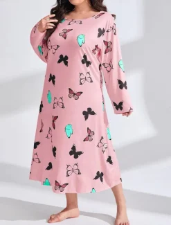 New Women's Plus Size Valentine Dress Pajamas Sleepwear Heart Butterfly Fashion Casual Home Bed Comfort Breathable Crew Neck Long Sleeve Spring Home Outfits Women Sleepwear