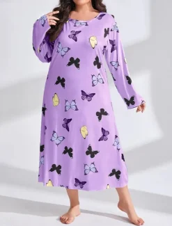 New Women's Plus Size Valentine Dress Pajamas Sleepwear Heart Butterfly Fashion Casual Home Bed Comfort Breathable Crew Neck Long Sleeve Spring Home Outfits Women Sleepwear