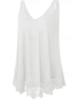 Online Women's Plus Size Vest Plain Basic Casual Sleeveless Crew Neck Regular Tops Daily Going out Lace Black White Red Blue Purple Summer Spring Women Lace Tops