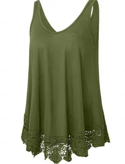 Online Women's Plus Size Vest Plain Basic Casual Sleeveless Crew Neck Regular Tops Daily Going out Lace Black White Red Blue Purple Summer Spring Women Lace Tops