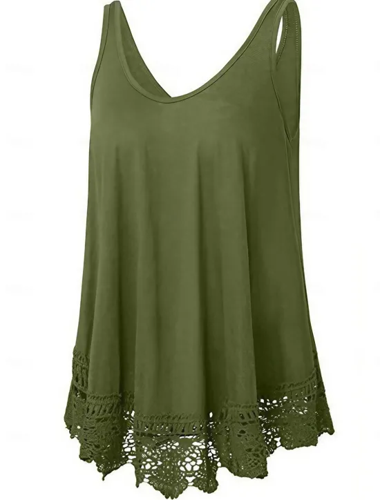 Online Women's Plus Size Vest Plain Basic Casual Sleeveless Crew Neck Regular Tops Daily Going out Lace Black White Red Blue Purple Summer Spring Women Lace Tops