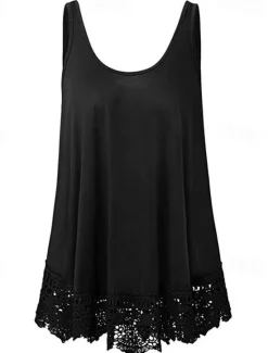 Online Women's Plus Size Vest Plain Basic Casual Sleeveless Crew Neck Regular Tops Daily Going out Lace Black White Red Blue Purple Summer Spring Women Lace Tops