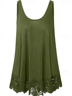 Online Women's Plus Size Vest Plain Basic Casual Sleeveless Crew Neck Regular Tops Daily Going out Lace Black White Red Blue Purple Summer Spring Women Lace Tops