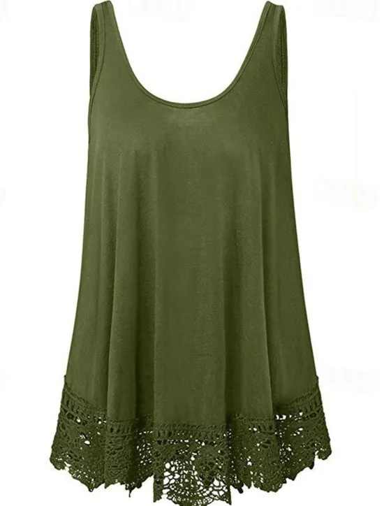 Online Women's Plus Size Vest Plain Basic Casual Sleeveless Crew Neck Regular Tops Daily Going out Lace Black White Red Blue Purple Summer Spring Women Lace Tops