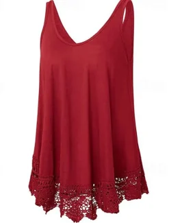 Online Women's Plus Size Vest Plain Basic Casual Sleeveless Crew Neck Regular Tops Daily Going out Lace Black White Red Blue Purple Summer Spring Women Lace Tops