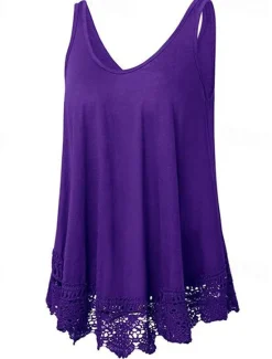 Online Women's Plus Size Vest Plain Basic Casual Sleeveless Crew Neck Regular Tops Daily Going out Lace Black White Red Blue Purple Summer Spring Women Lace Tops