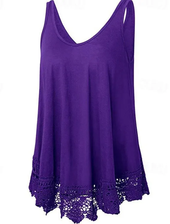 Online Women's Plus Size Vest Plain Basic Casual Sleeveless Crew Neck Regular Tops Daily Going out Lace Black White Red Blue Purple Summer Spring Women Lace Tops