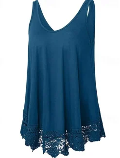 Online Women's Plus Size Vest Plain Basic Casual Sleeveless Crew Neck Regular Tops Daily Going out Lace Black White Red Blue Purple Summer Spring Women Lace Tops