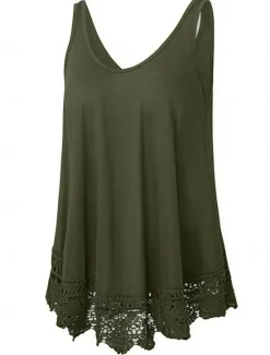 Online Women's Plus Size Vest Plain Basic Casual Sleeveless Crew Neck Regular Tops Daily Going out Lace Black White Red Blue Purple Summer Spring Women Lace Tops