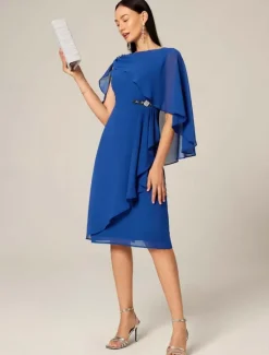 New Women's Plus Size Wedding Guest Cocktail Dress Set Chiffon Ruffle Boat Neck Sleeveless Midi Dress Party Elegant Summer Women Chiffon Dresses|Cocktail Dress