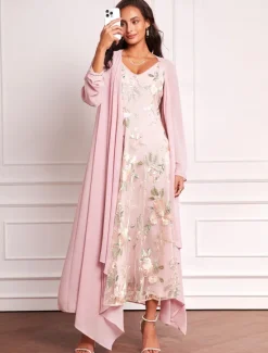 Hot Women's Plus Size Wedding Guest Dress Set Maxi Dress Chiffon Cardigan Embroidered Date Vacation Elegant V Neck Long Sleeve Color Spring Summer Fall Women Spring Curvy Dress