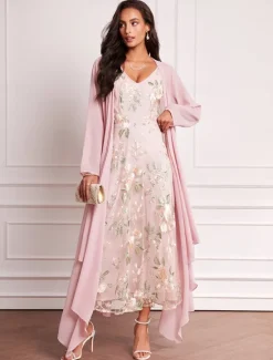 Hot Women's Plus Size Wedding Guest Dress Set Maxi Dress Chiffon Cardigan Embroidered Date Vacation Elegant V Neck Long Sleeve Color Spring Summer Fall Women Spring Curvy Dress