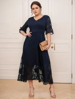 Discount Women's Plus Size Wedding Guest Cocktail Dress Maxi Dress Lace Ruffle Party Elegant Formal V Neck Half Sleeve Flutter Sleeve Color Women Spring Curvy Dress