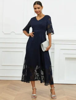 Discount Women's Plus Size Wedding Guest Cocktail Dress Maxi Dress Lace Ruffle Party Elegant Formal V Neck Half Sleeve Flutter Sleeve Color Women Spring Curvy Dress