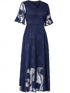 Discount Women's Plus Size Wedding Guest Cocktail Dress Maxi Dress Lace Ruffle Party Elegant Formal V Neck Half Sleeve Flutter Sleeve Color Women Spring Curvy Dress