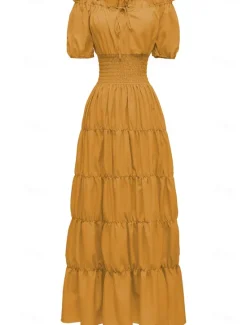 New Women's Plus Size with Sleeve Vintage Dress Long Dress Maxi Dress Lantern Sleeve Casual Plain V Neck Short Sleeve Halloween Summer Spring Dark Yellow Navy Women Casual Dress