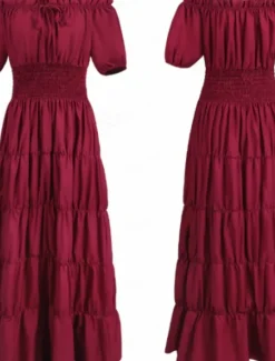 New Women's Plus Size with Sleeve Vintage Dress Long Dress Maxi Dress Lantern Sleeve Casual Plain V Neck Short Sleeve Halloween Summer Spring Dark Yellow Navy Women Casual Dress