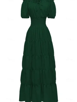 New Women's Plus Size with Sleeve Vintage Dress Long Dress Maxi Dress Lantern Sleeve Casual Plain V Neck Short Sleeve Halloween Summer Spring Dark Yellow Navy Women Casual Dress