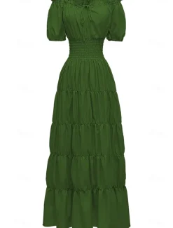 New Women's Plus Size with Sleeve Vintage Dress Long Dress Maxi Dress Lantern Sleeve Casual Plain V Neck Short Sleeve Halloween Summer Spring Dark Yellow Navy Women Casual Dress