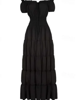 New Women's Plus Size with Sleeve Vintage Dress Long Dress Maxi Dress Lantern Sleeve Casual Plain V Neck Short Sleeve Halloween Summer Spring Dark Yellow Navy Women Casual Dress