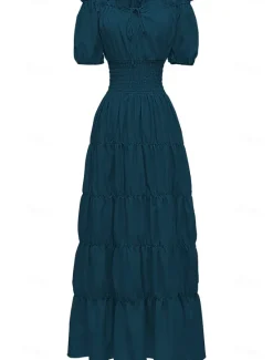 New Women's Plus Size with Sleeve Vintage Dress Long Dress Maxi Dress Lantern Sleeve Casual Plain V Neck Short Sleeve Halloween Summer Spring Dark Yellow Navy Women Casual Dress
