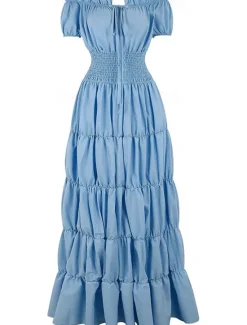 New Women's Plus Size with Sleeve Vintage Dress Long Dress Maxi Dress Lantern Sleeve Casual Plain V Neck Short Sleeve Halloween Summer Spring Dark Yellow Navy Women Casual Dress